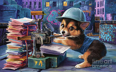Mammals Paintings - Cute Animals Miniature American Shepherd Jobs and Professions by Adrien Efren