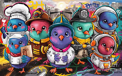 City Scenes Paintings - Cute Animals Pigeons Jobs and Professions by Adrien Efren