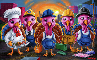 Food And Beverage Paintings - Cute Animals Turkeys Jobs and Professions by Adrien Efren