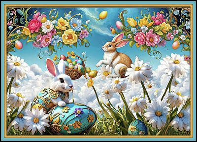 Doors And Windows - Cute Bunnies With Flowers by Constance Lowery