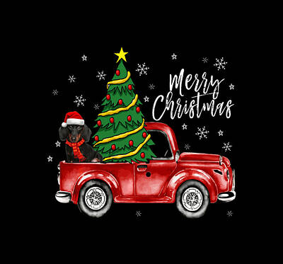 Recently Sold - Mammals Drawings - Cute Dachshund Dog Truck Merry Christmas Dog Lover Xmas Sweatshirt by Julien
