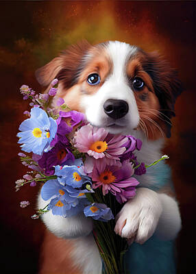 Lilies Digital Art - Cute Doggie with Flowers by Lily Malor