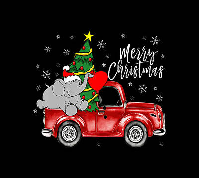 Animals Drawings - Cute Elephant Truck Merry Christmas Animal Lover Xmas T-Shirt by Julien