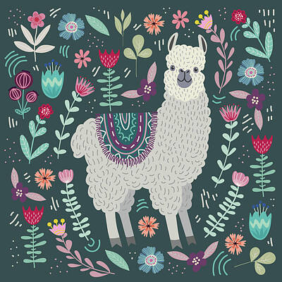 Recently Sold - Mammals Drawings - Cute llama with floral elements. Hand drawing flat doodles Illustration by Julien