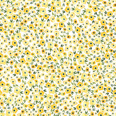 Abstract Drawings - Cute tiny yellow flowers. Seamless pattern. Watercolor illustration by Julien
