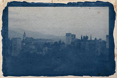 Fantasy Digital Art - Cyanotype Photo of  Alhambra Castle Building Granada Town Castle by Ahmet Asar by Celestial Images