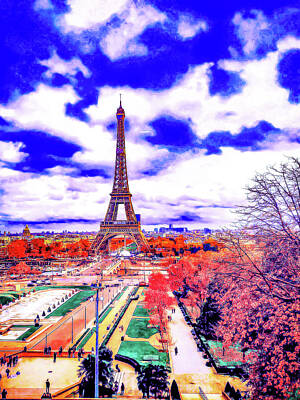 Paris Skyline Paintings - CyberPunk Neon, Cityscape - skyline - Urban -  Paris 17 by Celestial Images