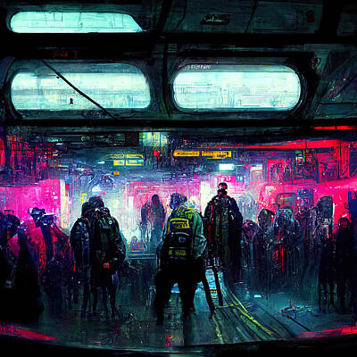 Science Fiction Paintings - Cyberpunk Subway, 03 by AM FineArtPrints