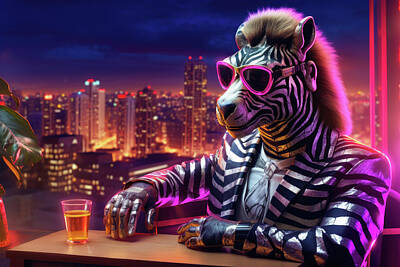 Floral Patterns Rights Managed Images - Cyberpunk Zebra 03 Having a Drink Royalty-Free Image by Matthias Hauser