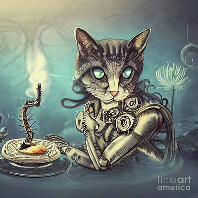 Steampunk Rights Managed Images - Cyborg Cat Eats Fish Royalty-Free Image by SON Art