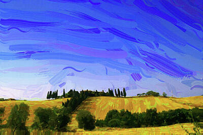 Royalty-Free and Rights-Managed Images - Cypresses in Tuscany Landscape , Paesaggio Toscano Italy - painting by Ahmet Asar by Celestial Images