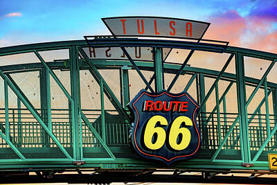 Latidude Image - Cyrus Avery Centennial Plaza Route 66 Neon Sign Sunrise - Tulsa Oklahoma by Gregory Ballos