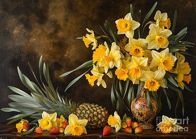 Still Life Paintings - Daffodil Delight Starry Night Midnight Daffodils in a cheerful and uplifting arrangement under the starry night during the midnight hour by Eldre Delvie