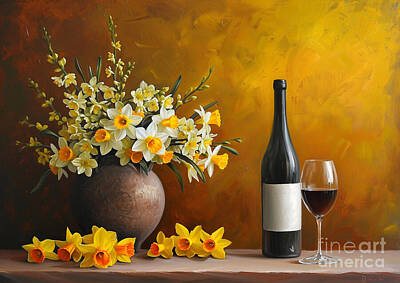 Still Life Paintings - Daffodil Delight Starry Night Midnight Midnight Midnight Daffodils in a cheerful and uplifting arrangement under the starry night during the midnight hour by Eldre Delvie