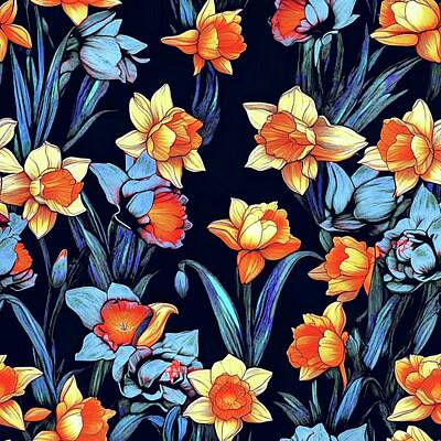 Floral Mixed Media - Daffodils in Color on Black by Donna R Chacon