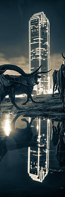 Traditional Bells - Dallas Sepia Monochrome and Texas Longhorn Cattle Drive Panorama by Gregory Ballos