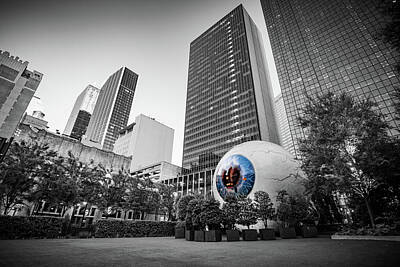 Skylines Royalty-Free and Rights-Managed Images - Dallas Skyline And Giant Eyeball In Selective Coloring by Gregory Ballos