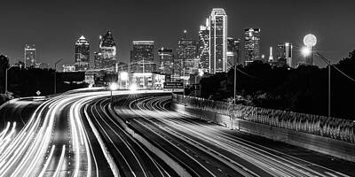 Skylines Royalty-Free and Rights-Managed Images - Dallas Skyline Light Trail Panorama in Black and White by Gregory Ballos