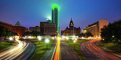 Skylines Royalty-Free and Rights-Managed Images - Dallas Skyline Through Dealey Plaza at Dawn Panorama by Gregory Ballos