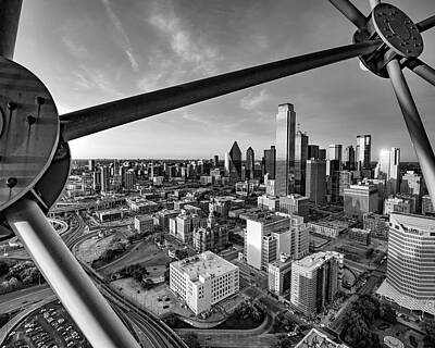Skylines Photos - Dallas Skyline Through Reunion Tower at Sunset - BW Grayscale by Gregory Ballos
