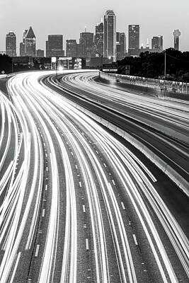 Skylines Photos - Dallas Skyline With Light Trails - Black and White by Gregory Ballos