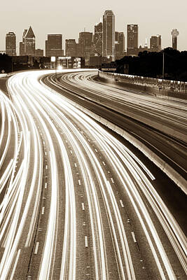 Skylines Photos - Dallas Skyline With Light Trails - Sepia by Gregory Ballos