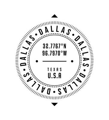 Cities Digital Art - Dallas, Texas, USA - 1 - City Coordinates Typography Print - Classic, Minimal by Studio Grafiikka