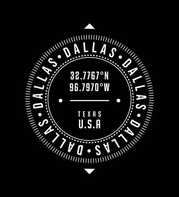 Cities Digital Art - Dallas, Texas, USA - 2 - City Coordinates Typography Print - Classic, Minimal by Studio Grafiikka