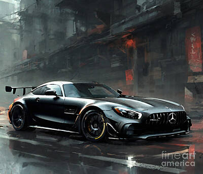 Sports Royalty-Free and Rights-Managed Images - Dark fantasy 97 2020 Mercedes Benz Gt R Amg Black Supercar Black Sports Coupe by Cortez Schinner