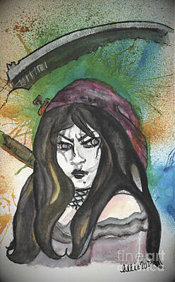 Recently Sold - Lilies Paintings - Death As A Beautiful Woman Character Study with Scythe by Allie Lily