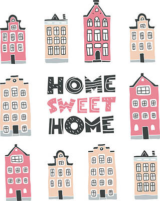 City Scenes Drawings - Decorative doodle houses collection. Stylised city with home sweet home lettering. Street. Cottages. Scandinavian city landscape. Hand drawn. by Julien