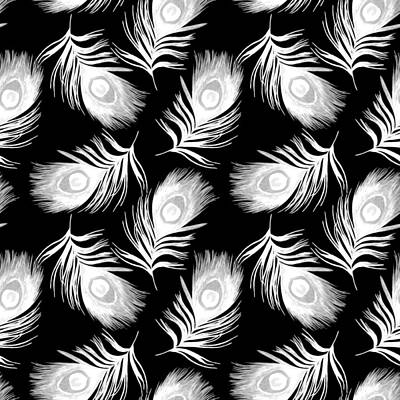 Birds Drawings - Decorative seamless pattern with beautiful peacock feathers. Trendy texture. Hand drawn with crayons. by Julien