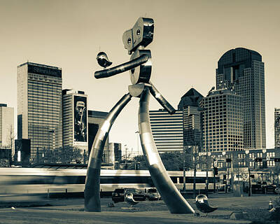 Skylines Royalty-Free and Rights-Managed Images - Deep Ellum Texas Traveling Man and Dallas Skyline - Sepia Monochrome Edition by Gregory Ballos