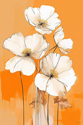 Royalty-Free and Rights-Managed Images - Delicate White Flowers against Orange Art by Lourry Legarde