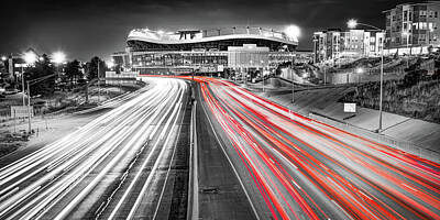 Football Royalty Free Images - Denver Colorado Football Stadium With Light Trails Panorama - Selective Color Royalty-Free Image by Gregory Ballos
