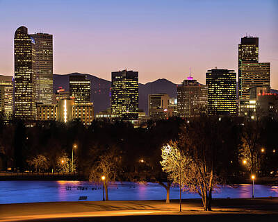 Patriotic Signs - Denver Skyline and Rocky Mountains at Dawn From City Park by Gregory Ballos