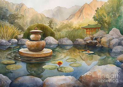 Lilies Paintings - Desert Oasis Tea Ceremony A serene tea ceremony taking place by an oasis pond by Eldre Delvie