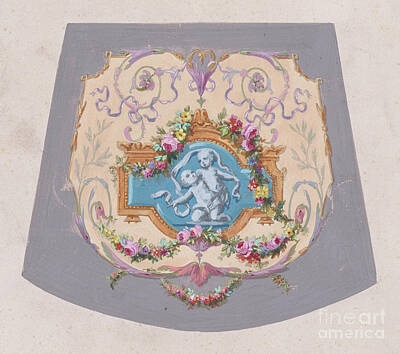 Bear Paintings - Design for a Chair Seat Cover with an Ornamental Frame with Two Restling Putti with Hanging Garlands by Shop Ability