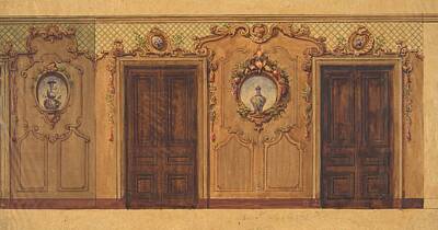 Boho Christmas Rights Managed Images - Design for a room with double doors decorated with garlands of fruit and flowers scrolls and latti Royalty-Free Image by Jules Edmond Charles Lachaise