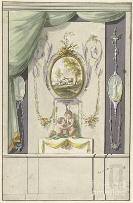 Monets Water Lilies - Design for room decoration with a panel with a medallion with cows, Abraham Meertens, 1767 - 1823 by Shop Ability