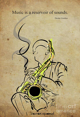 Musician Drawings - Dexter Gordon Quote, Music is a reservoir of sounds,Original artwork by Drawspots Illustrations