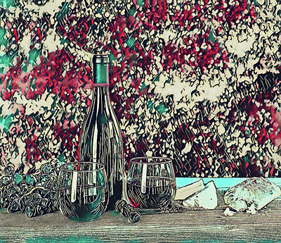 Wine Digital Art Royalty Free Images - Digital watercolor effect on Red wine with fresh cheese and bake Royalty-Free Image by Thomas Baker