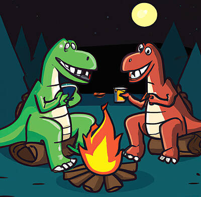 Beer Digital Art - Dinosaurs at the campfire  by Cathy Anderson