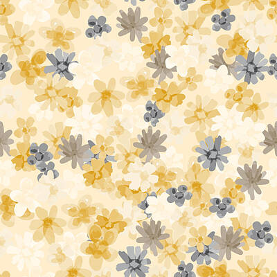 Floral Royalty-Free and Rights-Managed Images - Ditsy Flowers Cracked pepper Gray White Mustard Yellow on Pale Yellow by Anjali Arora