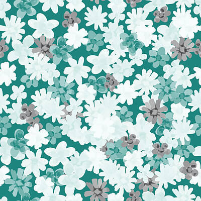 Floral Royalty-Free and Rights-Managed Images - Ditsy Flowers in white  cracked pepper gray light turquoise on turquoise by Anjali Arora