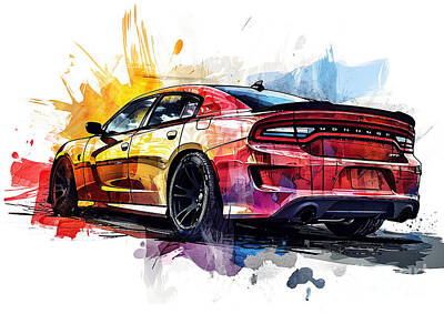 Nfl Team Signs - Dodge Charger SRT Hellcat automotive artistic by Clark Leffler