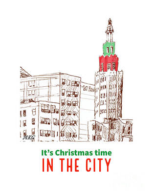 City Scenes Drawings - Downtown Electric Tower - Its Christmas Time in the City by Mary Kunz Goldman