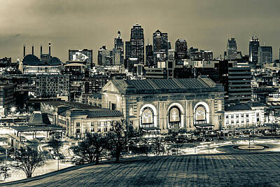 Football Royalty-Free and Rights-Managed Images - Downtown Kansas City Over Union Station With Chiefs Banners - Sepia Edition by Gregory Ballos