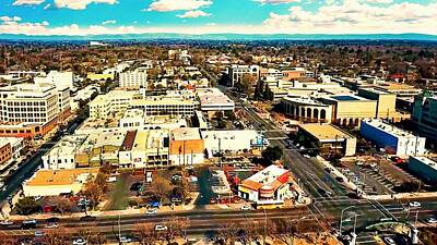 Road And Street Signs - Downtown Modesto, California - aerial by Nicko Prints