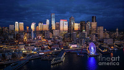 Skylines Royalty Free Images - Downtown Seattle and Waterfront at Blue Hour Royalty-Free Image by Mike Reid